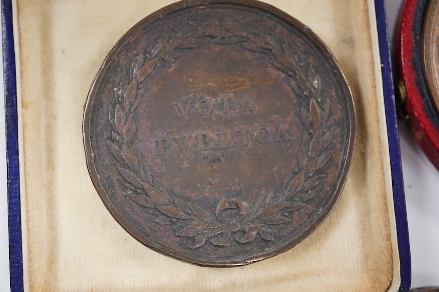 British commemorative medals, James Watt bronze medal, c.1826, 62.3mm, by T. and A.J. Stothard, cased, Wellington created Earl bronze medal, Parliamentary tribute 1812, by T Webb, two Exhibition of the Works of Industry